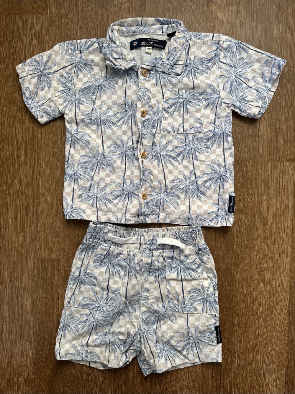 🌴 18M Toddler Blue & Cream Palm-Print Shirt & Shorts Set - Picture 1 of 6